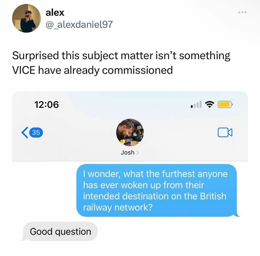 Text message meme about British railway delays, highlighting humor with a question about waking up past intended stops.