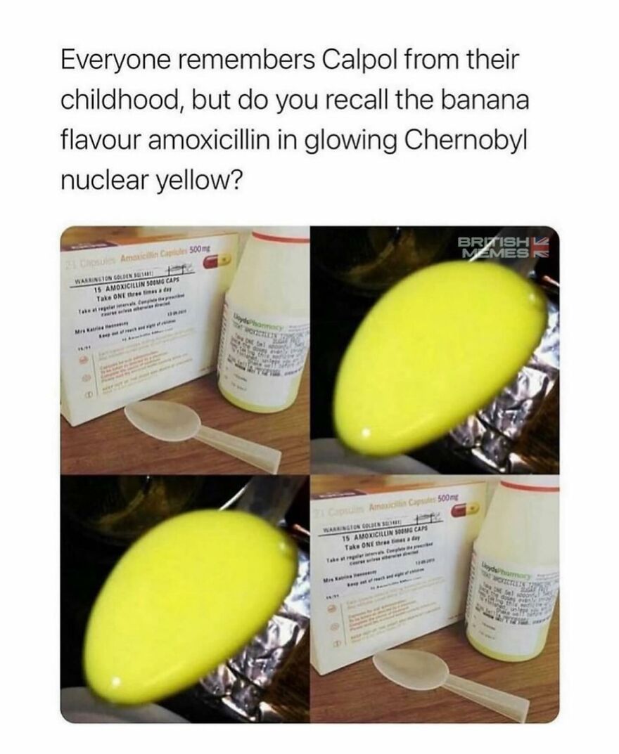 Yellow banana-flavored amoxicillin spoon shown in close-up with text referencing British humor memes.