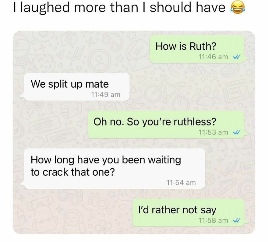 Chat conversation with British humor pun about being ruthless, offering a daily dose of memes for laughter.