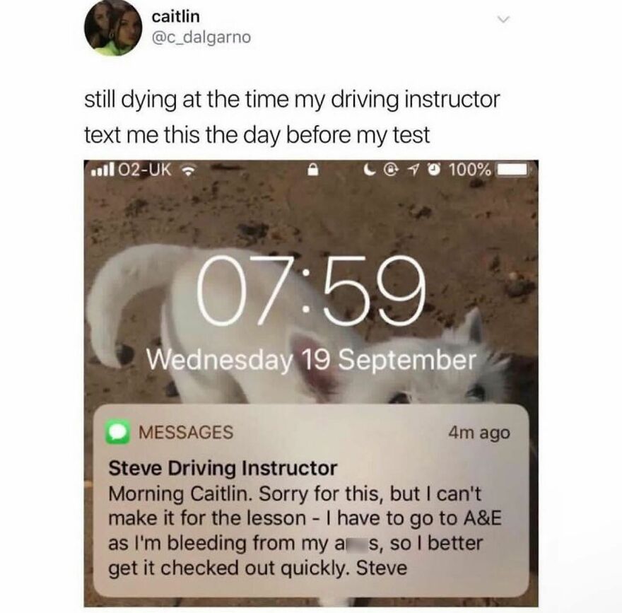 Screenshot of a text message from a UK driving instructor with British humor about missing a lesson due to an injury.