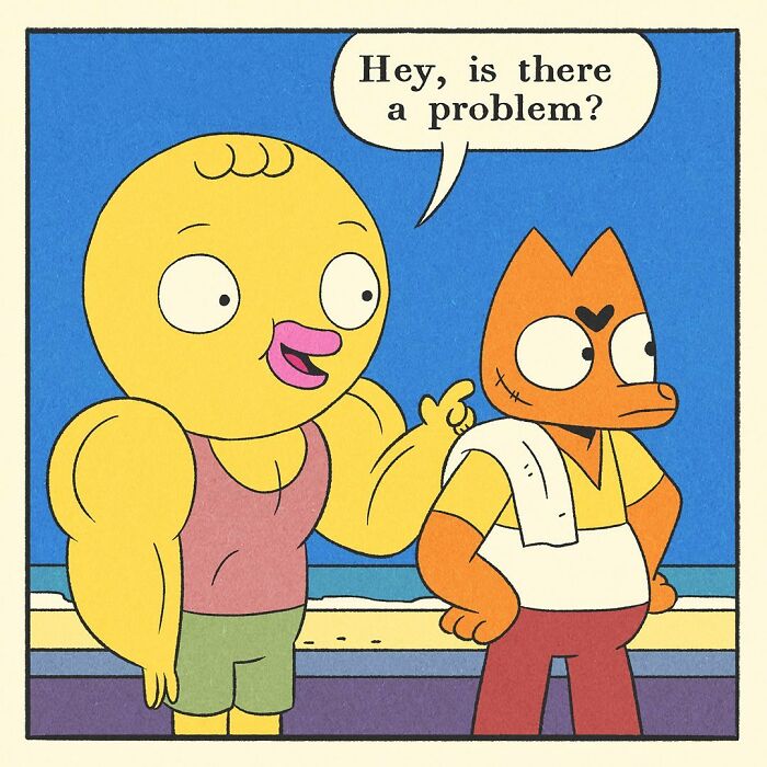 Bodybuilding duck with muscular arms sitting on a green gym bench by the beach with a surprised expression.