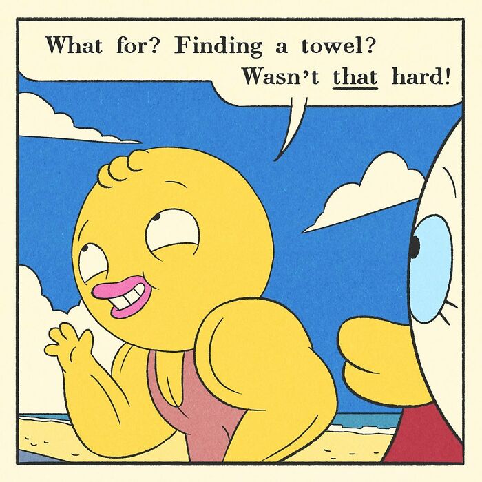 Comic panel showing a bodybuilding duck encouraging friends at the gym with a friendly and soft-hearted expression.