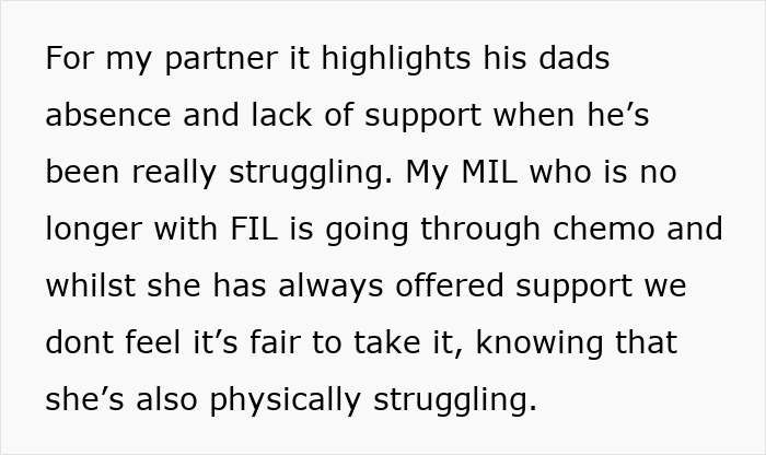 Text discussing family struggles with absentee dad and a mother-in-law undergoing chemo but offering limited support due to her health. Text discussing family struggles with absentee dad and a mother-in-law undergoing chemo but offering limited support due to her health.