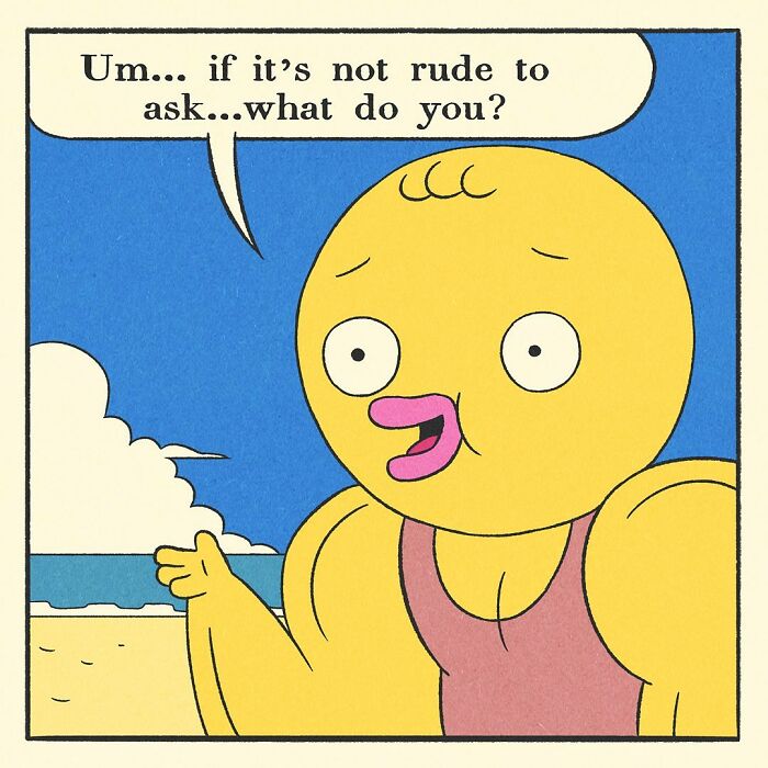 Muscular shark character in a blue tracksuit pointing, with speech bubble in a comic about a bodybuilding duck’s soft heart.