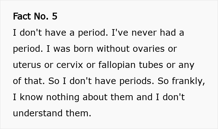 Text stating a person with XY chromosome was born without ovaries, uterus, cervix, or fallopian tubes and has never had a period. Text stating a person with XY chromosome was born without ovaries, uterus, cervix, or fallopian tubes and has never had a period.