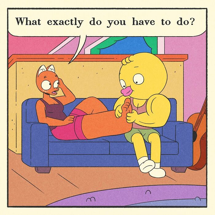 Comic panel showing a colorful balcony with a speech bubble about being offered a job, part of a bodybuilding duck story.