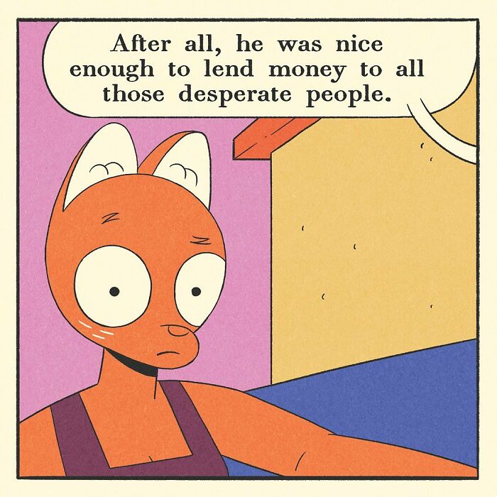 Bodybuilding duck with a soft heart gently holding a cat character’s foot on a blue couch in a colorful comic scene.