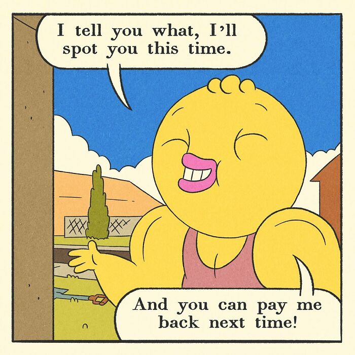 Bodybuilding duck cartoon character with a worried expression saying oh that's no good in a comic panel.