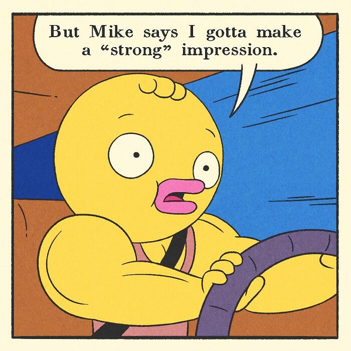 Comic panel featuring a bodybuilding duck driving a red car with a cat passenger, showcasing the character’s soft heart.