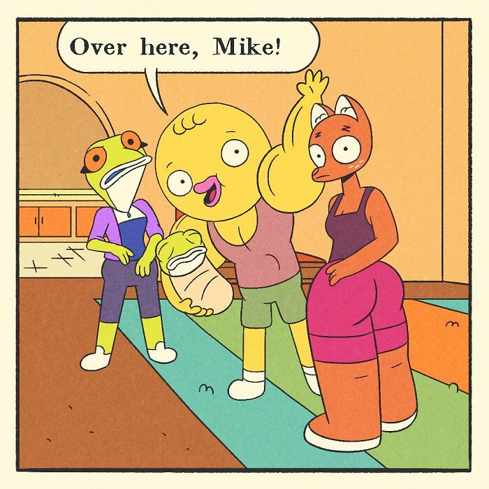 Comic illustration of a bodybuilding shark holding two cartoon characters, featuring a bodybuilding duck theme with a soft heart concept.