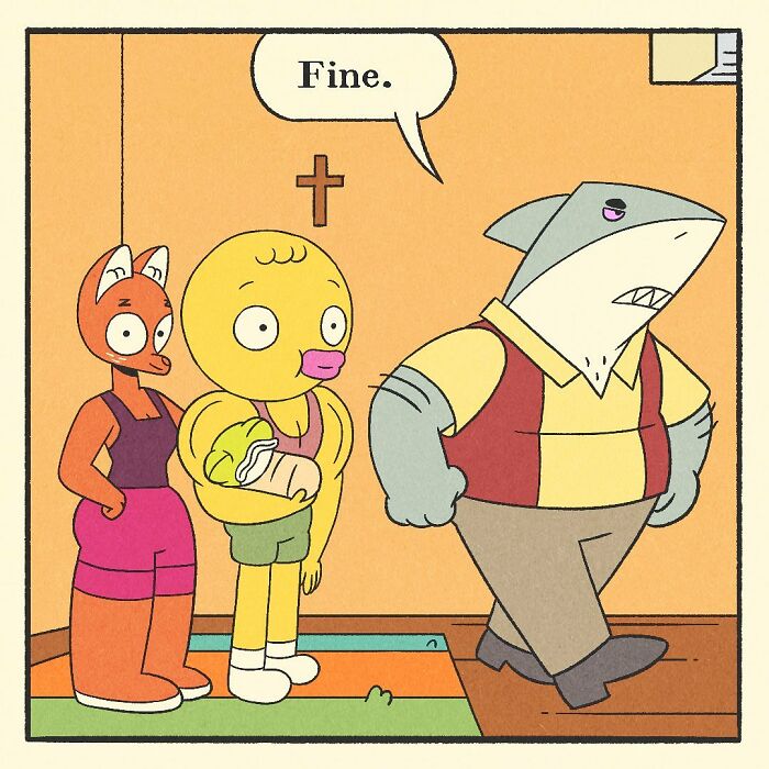 Bodybuilding duck character holding a baby, standing between a fox and a shark in a comic-style illustration.