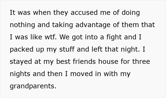 Text excerpt showing an 18-year-old describing leaving toxic parents and moving in with grandparents after a fight.