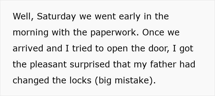Text excerpt describing a father and son conflict over changing house locks, involving police intervention. Text excerpt describing a father and son conflict over changing house locks, involving police intervention.