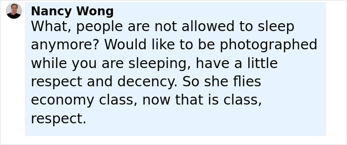 Comment by Nancy Wong defending Japanese Princess Kako for sleeping in economy class during a flight, urging respect and decency. Comment by Nancy Wong defending Japanese Princess Kako for sleeping in economy class during a flight, urging respect and decency.