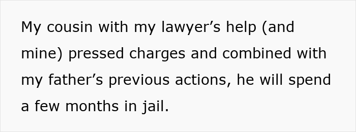 Text showing a personal account about pressing charges leading to the father spending months in jail after a lock change dispute. Text showing a personal account about pressing charges leading to the father spending months in jail after a lock change dispute.