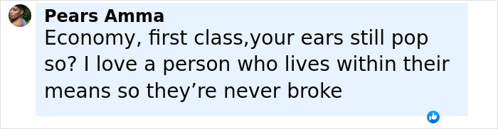 Comment about economy class travel and appreciating living within one’s means, shared by Pears Amma. Comment about economy class travel and appreciating living within one’s means, shared by Pears Amma.