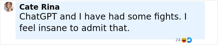 User Cate Rina’s social media post saying she feels insane after fights with ChatGPT, highlighting mental distress.