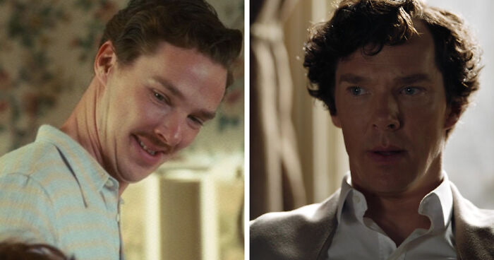 Side-by-side images of two actors highlighting a mind-blowing realization of the same actor in different roles.