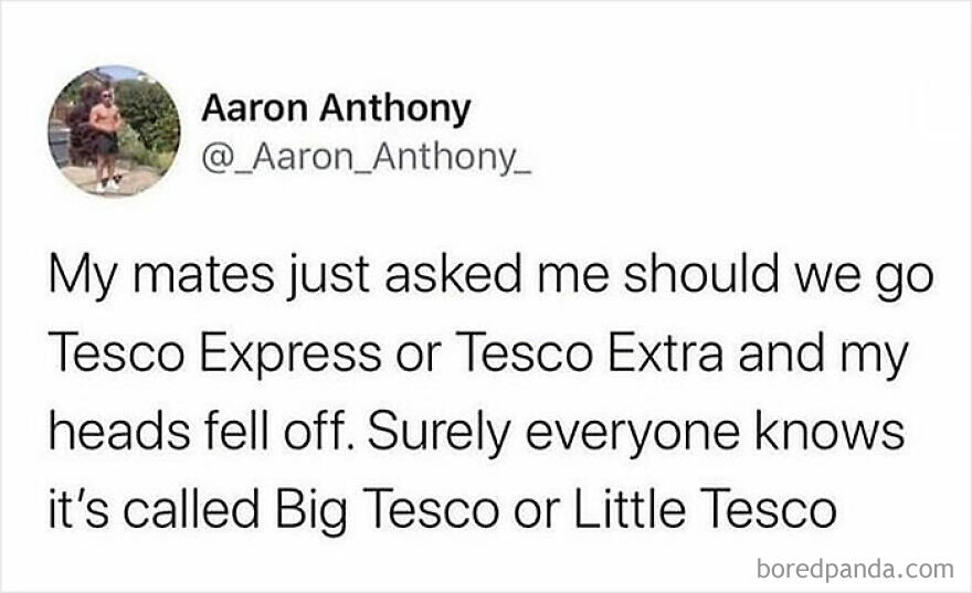 Funny British humor meme about Tesco Express versus Tesco Extra, highlighting daily British humor in casual conversation.