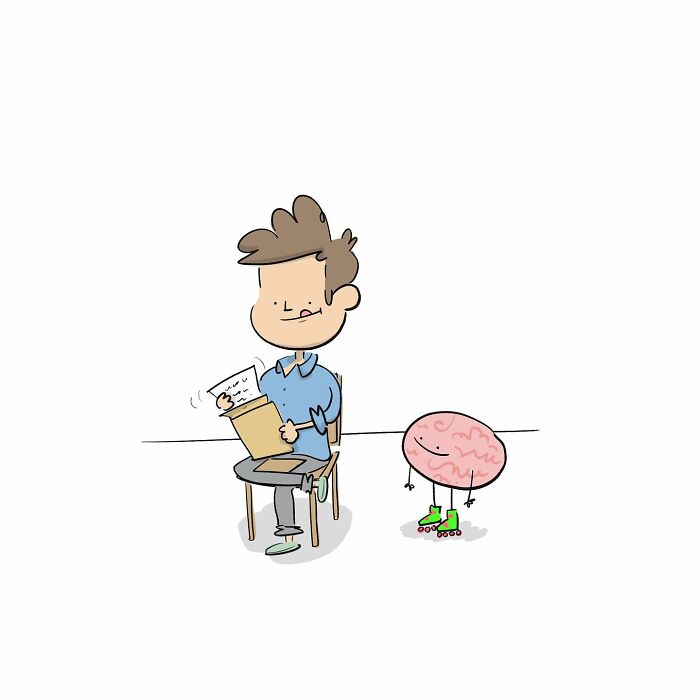 Cartoon of a person sitting with a smirk, illustrating a funny comic about arguing with their own brain.