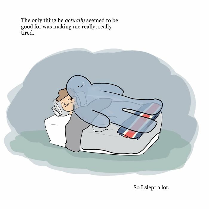 Illustration of a person sitting beside a large blue figure on a couch, depicting grief and inner struggle in funny comics.