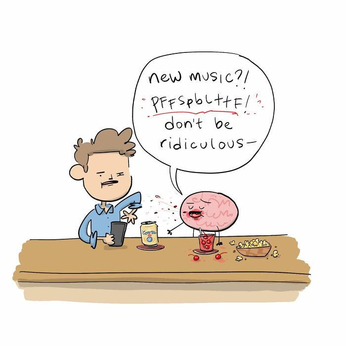 A funny comic showing a person arguing with their own brain at a bar with drinks and snacks.