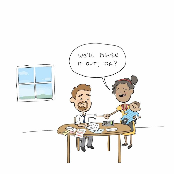 Cartoon of a man and woman with baby discussing budgeting in a funny comic about arguing with their own brain.