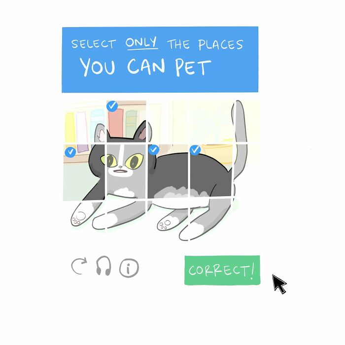 Hand-drawn comic showing a checkbox labeled Im not a robot with a submit button and cursor pointer.