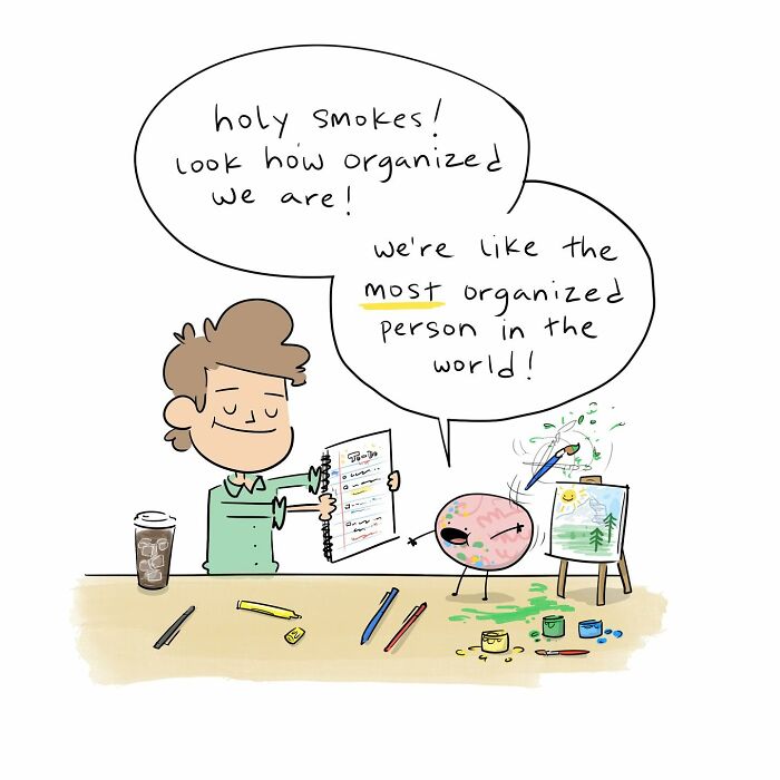 Person and brain arguing with each other about productivity in a funny comic from 40 funny comics series.