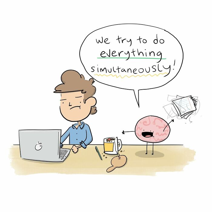 Person working on laptop being distracted by a funny comic brain with a paddle, illustrating arguing with their own brain.