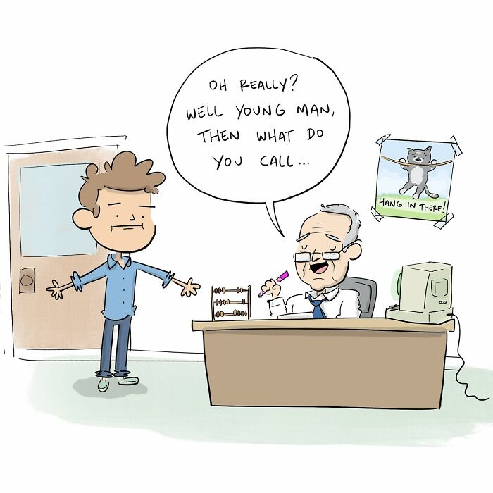 Cartoon of a frustrated person outside DNC headquarters with a fallen plant, illustrating funny comics about arguing with your brain.