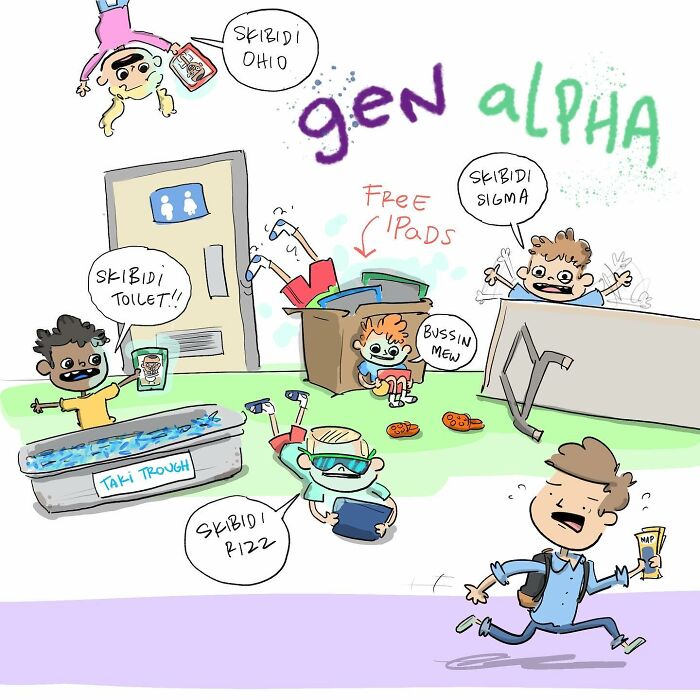 Cartoon showing a person approaching Age-Con building with a 2024 blimp and cars under spotlights in a funny comic style.