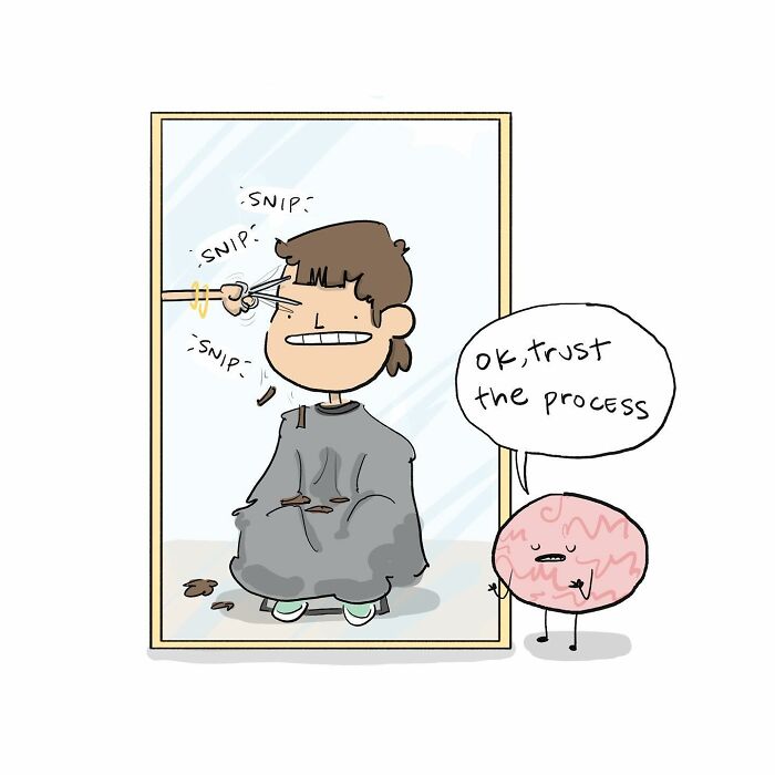 Cartoon comic showing a person being sprayed in the head by a brain character, humorous comic about arguing with brain.