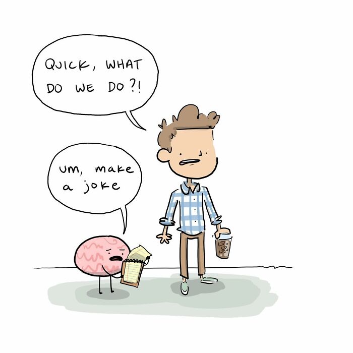 Cartoon of a man holding a smiling brain character with a balloon, illustrating funny comics about arguing with your brain.