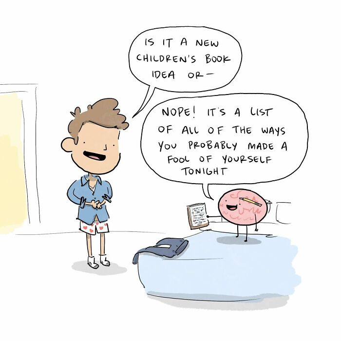 Man happily waving goodbye while a small brain with legs writes notes, illustrating funny comics about arguing with your brain.