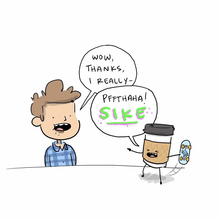 Funny comics showing a person talking to a walking coffee cup offering an energy boost in a humorous brain argument.