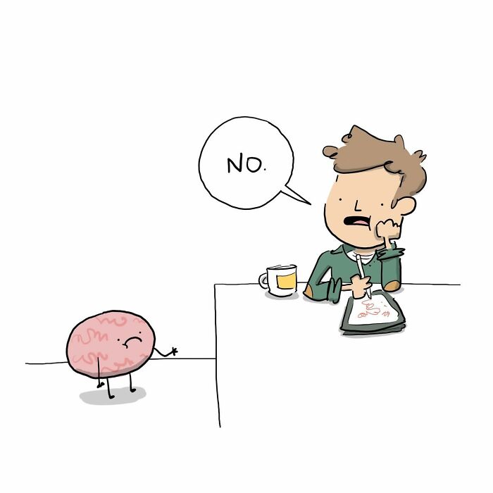 Funny comic showing a person arguing with their own brain about having more coffee at the table.