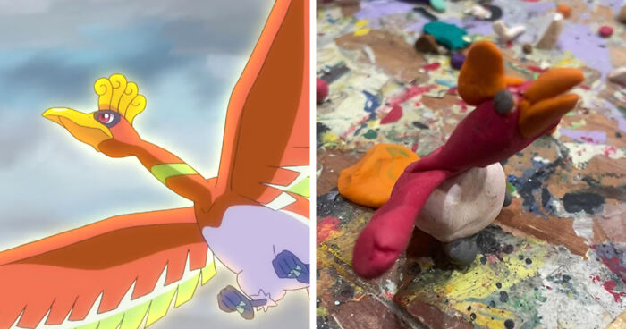 Side-by-side comparison of Ho-Oh Pokémon and a poorly-made favorite Pokemons clay figure on a paint-splattered surface