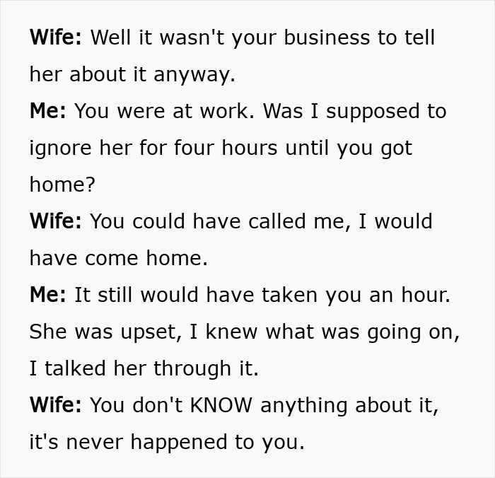 Text conversation showing a mom and partner arguing about handling situation with their daughter and menstruation celebration. Text conversation showing a mom and partner arguing about handling situation with their daughter and menstruation celebration.