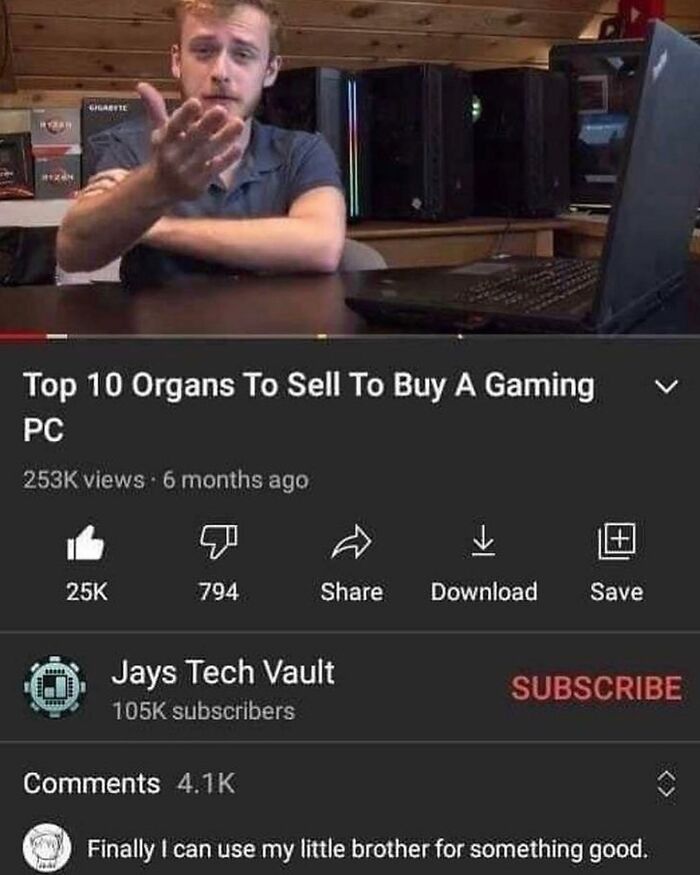 Man gesturing in front of a laptop with a humorous video about selling organs for gaming PC in weird unhinged humor memes.