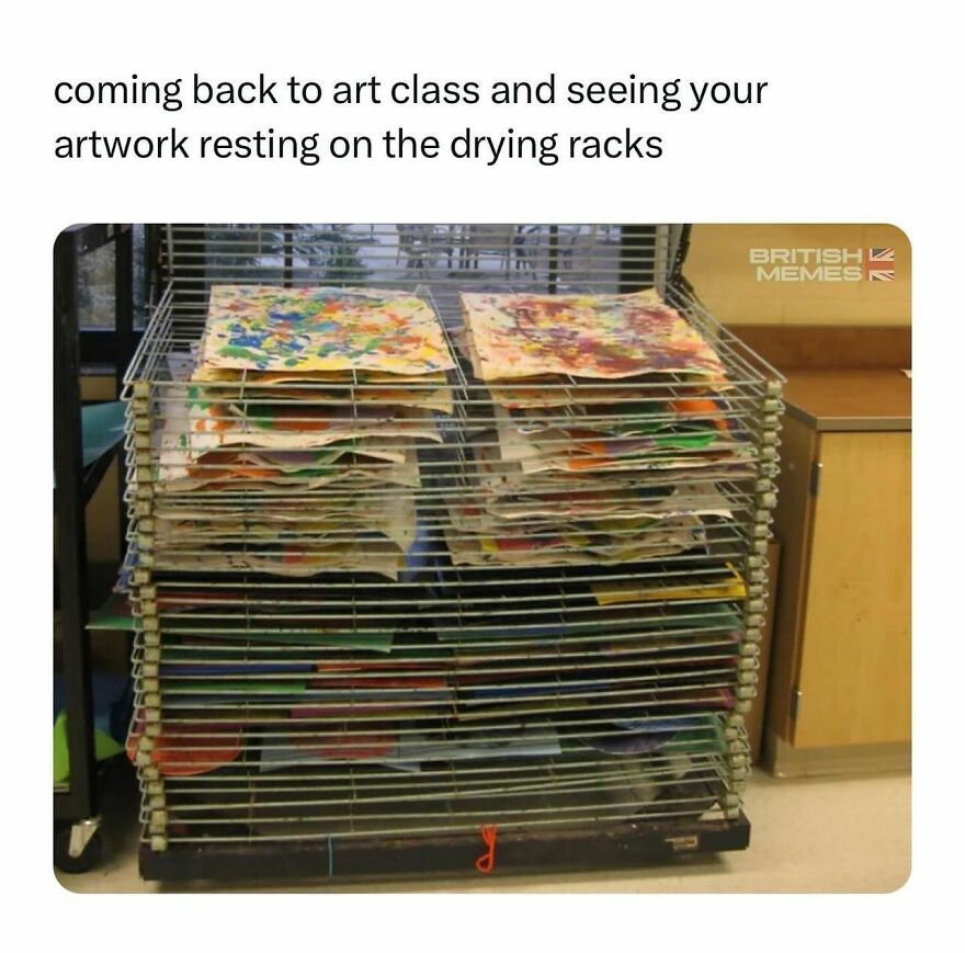 Stacks of colorful artwork drying on racks in an art classroom, capturing a moment of British humor memes.