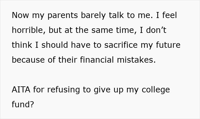 Text on screen showing a teen refusing to sacrifice her future due to parents’ financial mistakes and strained relations.