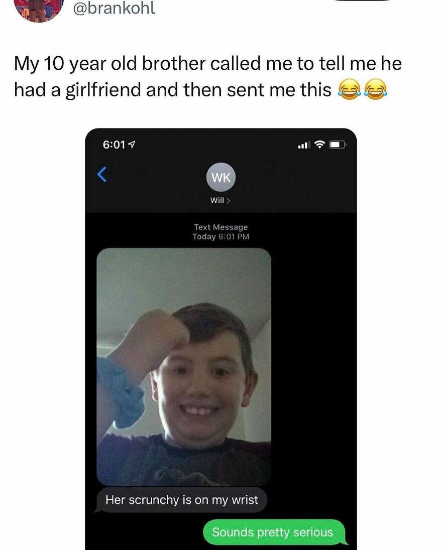 Screenshot of a humorous text meme showing a boy proudly wearing a scrunchy, highlighting British humor memes.