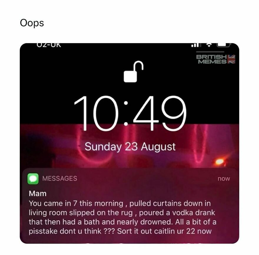 Text message meme showing a humorous British mom scolding her daughter about a morning mishap in a daily British humor meme.