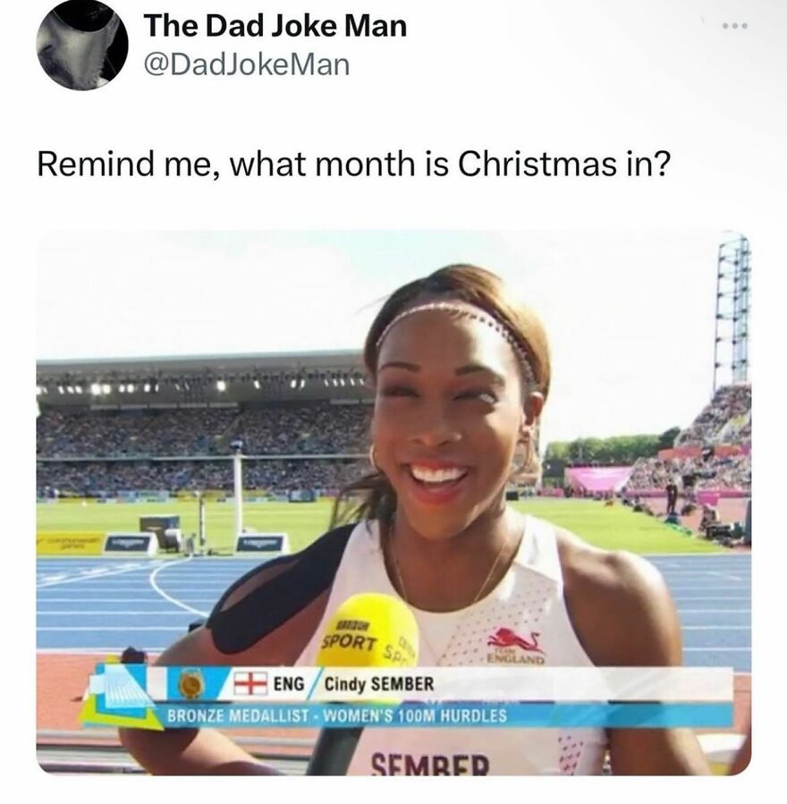 British humor meme featuring a smiling athlete at a sports event with a humorous Christmas question.