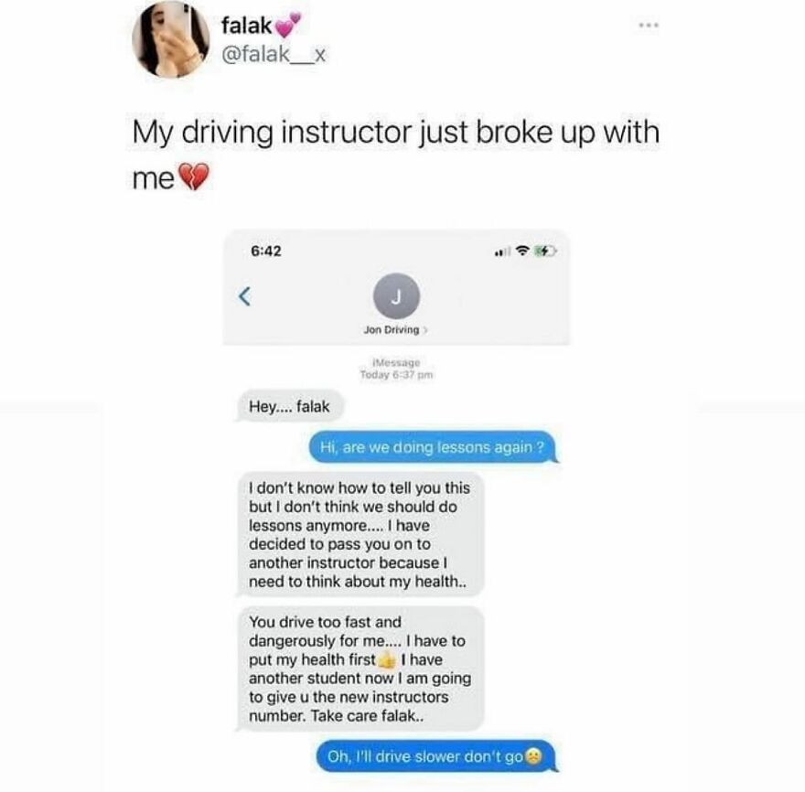 Screenshot of a humorous text exchange about a driving instructor breakup, reflecting British humor memes.