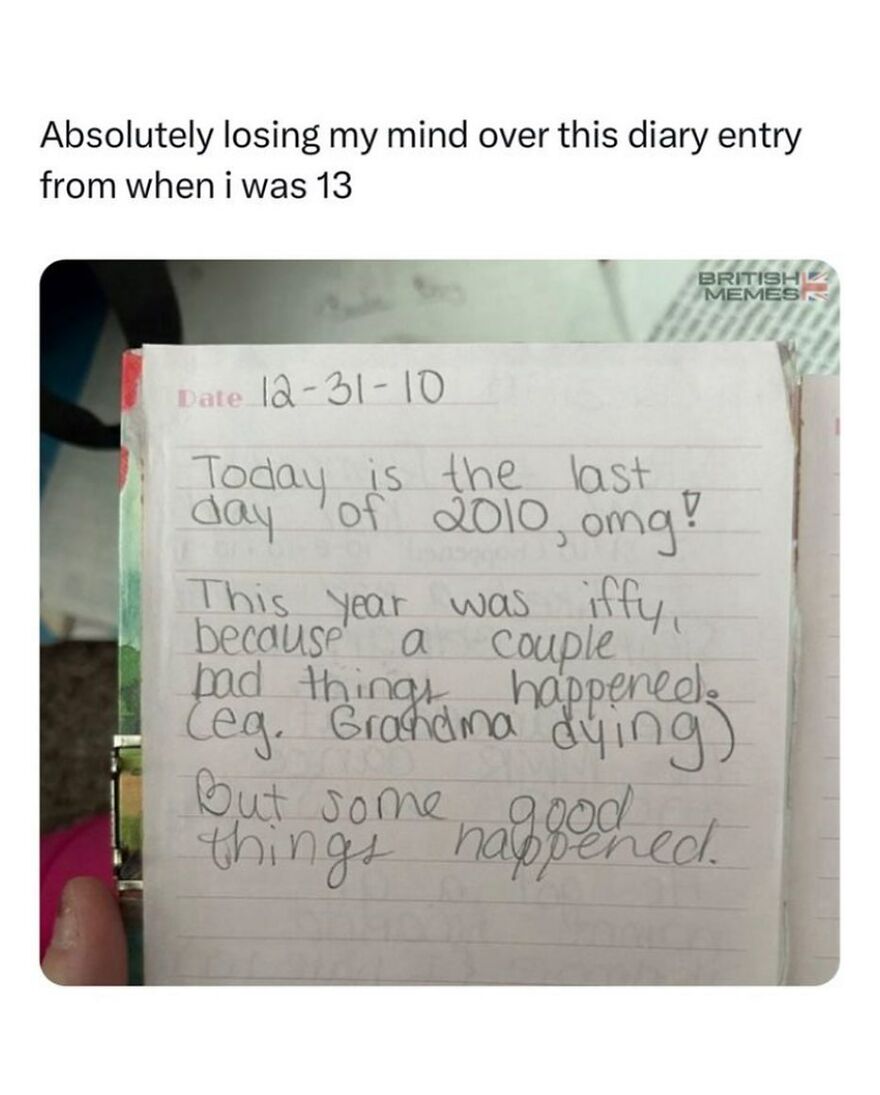 Handwritten diary entry from 2010 showing a mix of sad and good memories, reflecting British humor in memes.