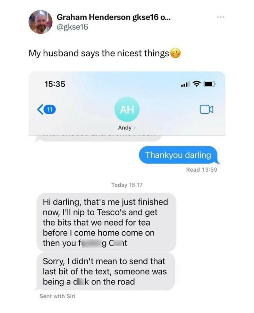 Text message screenshot showing a humorous British conversation with a playful autocorrect mistake for daily British humor memes.