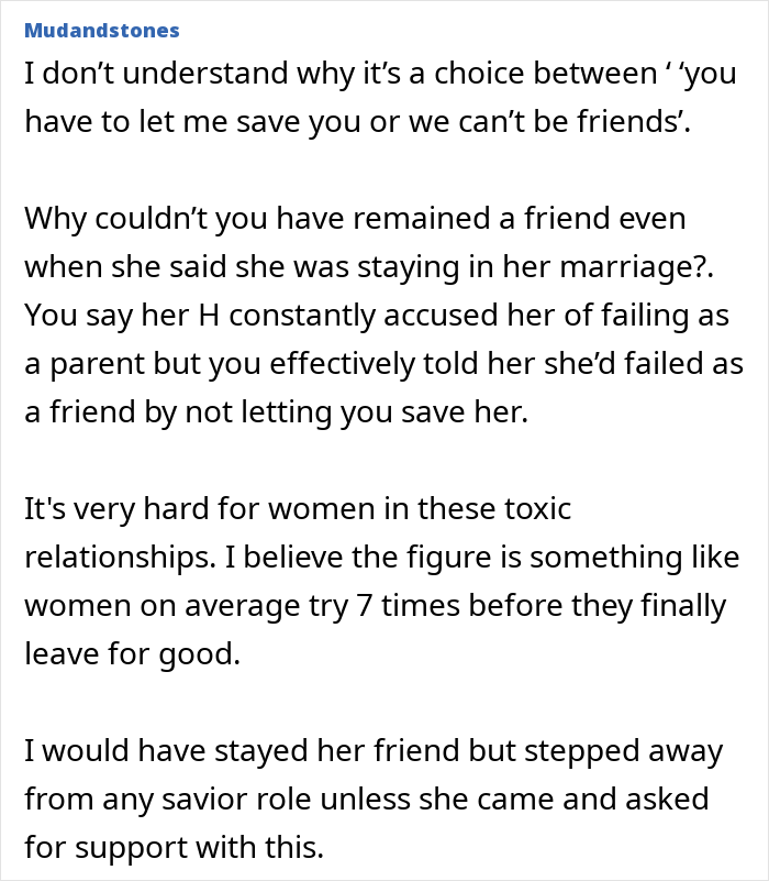 Text post discussing cutting off a friend who stayed in an abusive marriage and challenges of toxic relationships. Text post discussing cutting off a friend who stayed in an abusive marriage and challenges of toxic relationships.