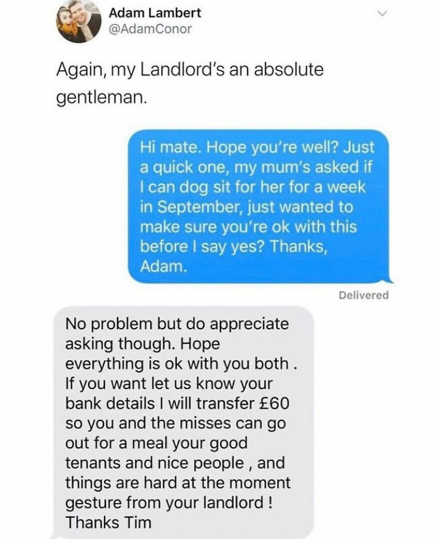 Text message exchange showing British humor with a polite landlord offering money to tenants for meals in kind gesture.